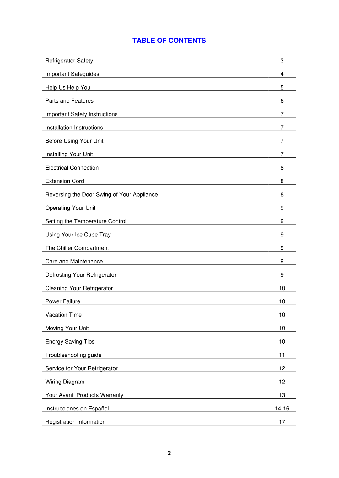 Avanti RM252W, RM253B instruction manual Table of Contents 