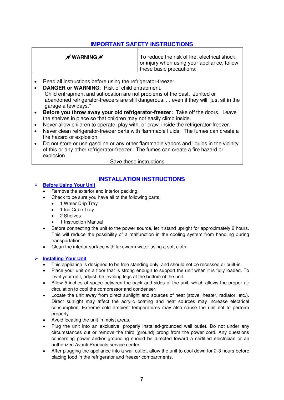 Avanti RM253B Important Safety Instructions, Installation Instructions,  Before Using Your Unit,  Installing Your Unit 