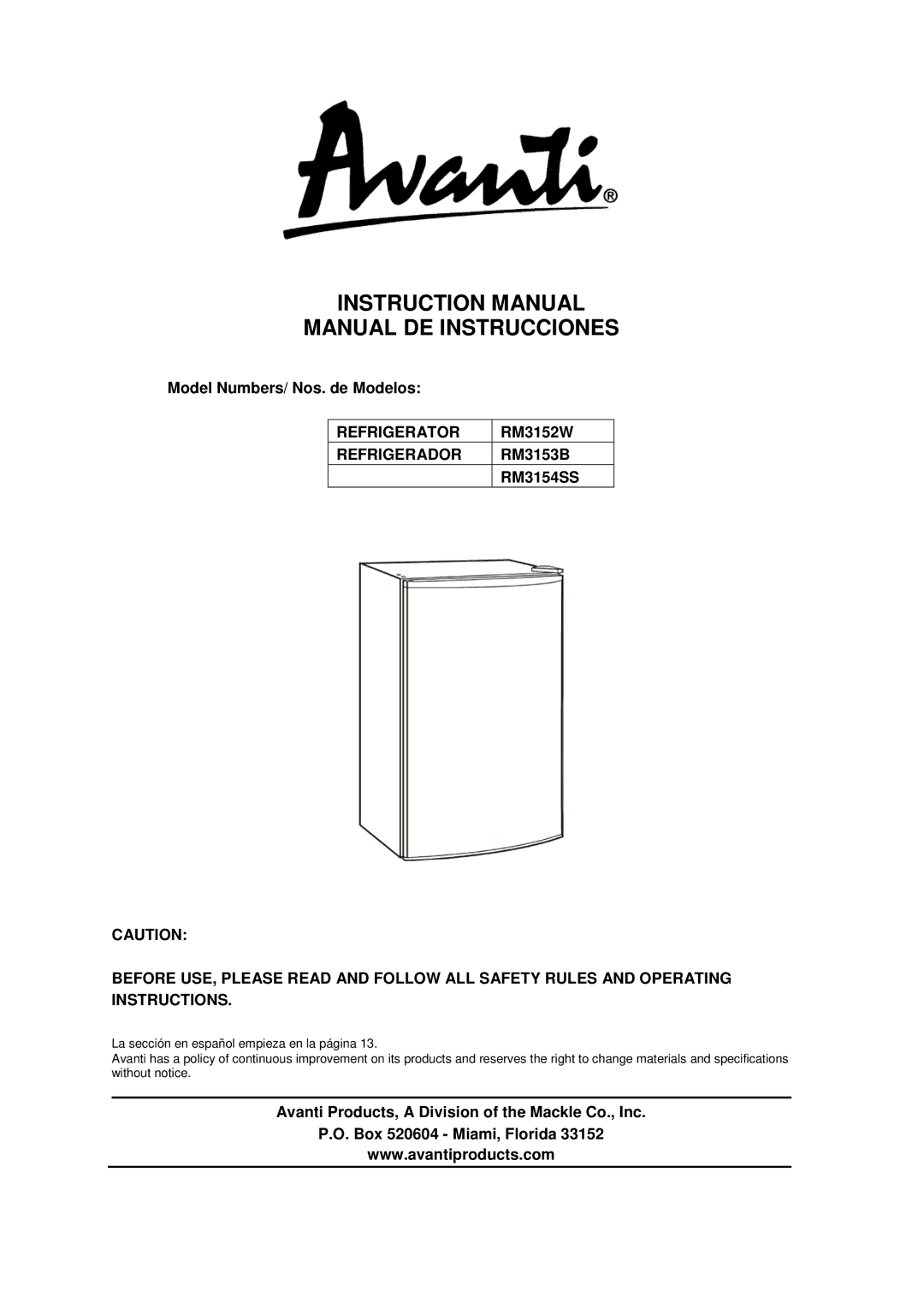 Avanti RM3154SS instruction manual Model Numbers/ Nos. de Modelos, RM3152W, RM3153B 