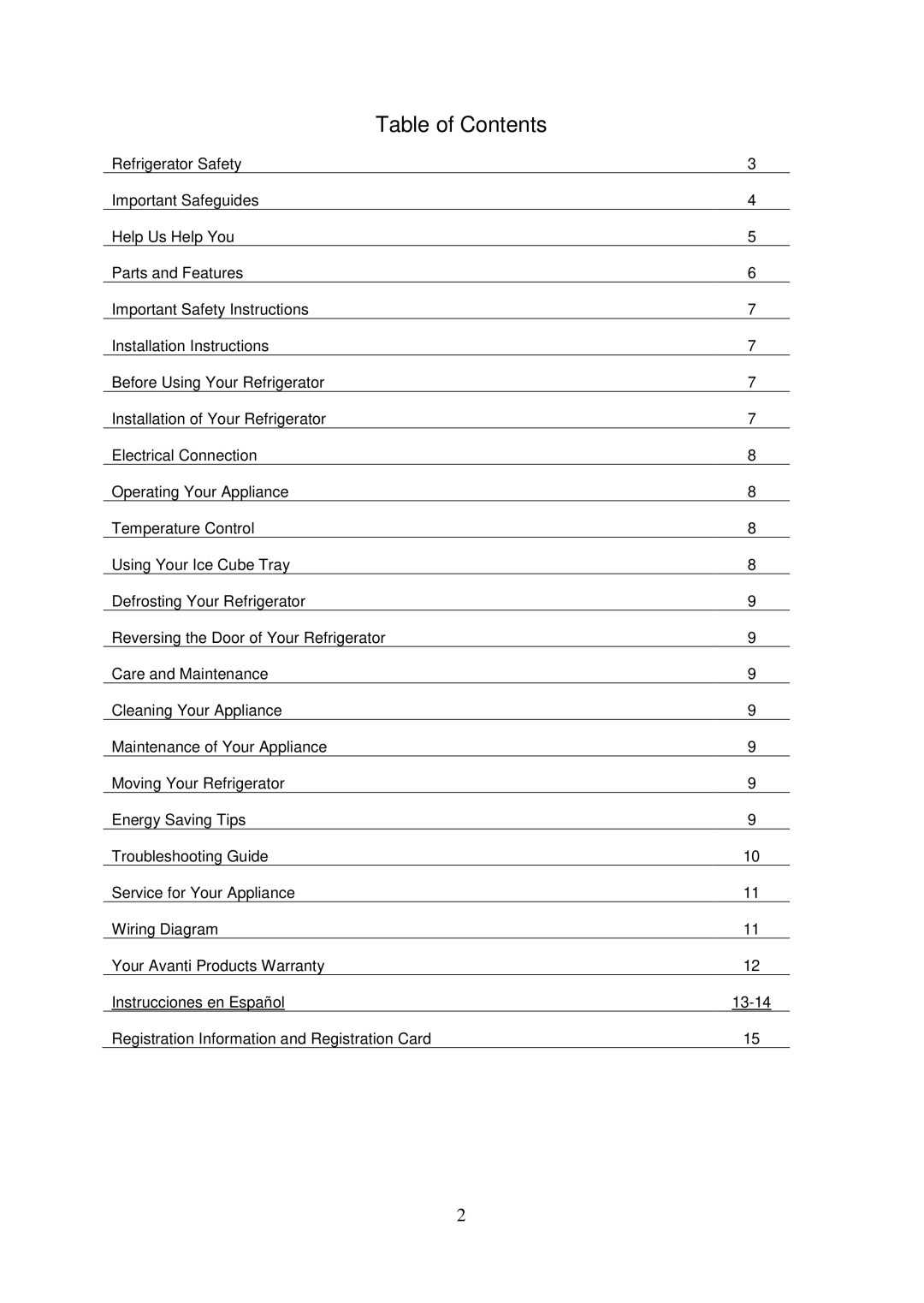 Avanti RM3152W, RM3153B, RM3154SS instruction manual Table of Contents 