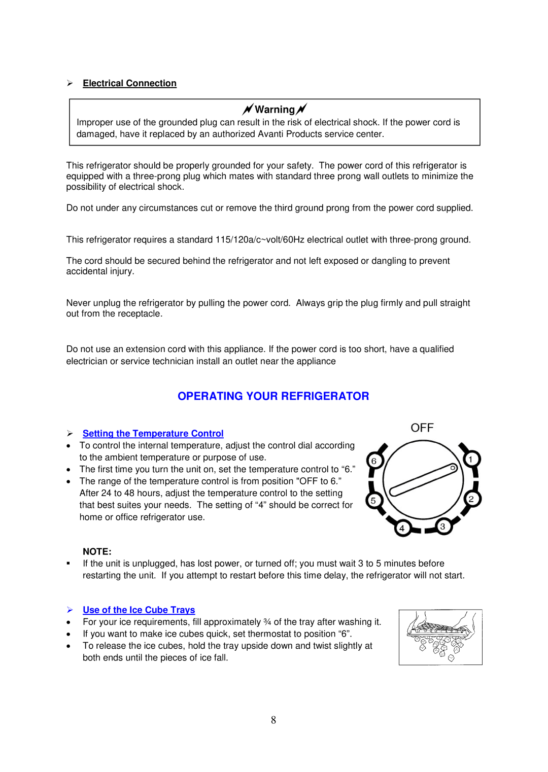 Avanti RM3152W, RM3153B, RM3154SS instruction manual Operating Your Refrigerator,  Electrical Connection 