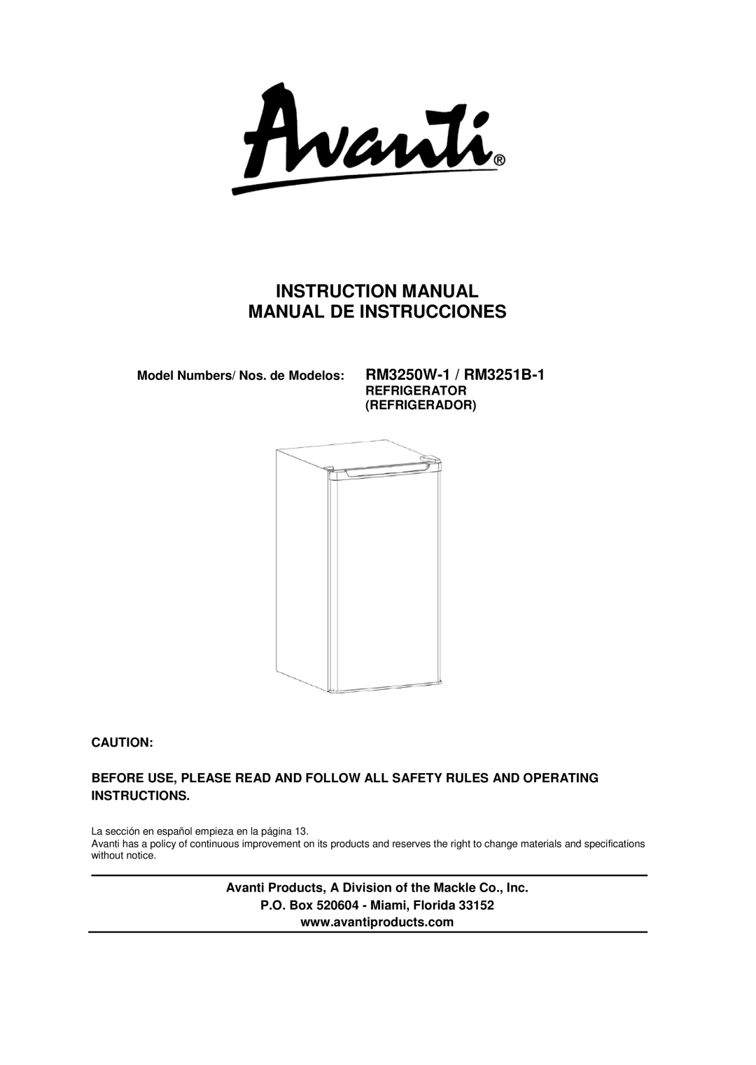 Avanti instruction manual Manual DE Instrucciones, Model Numbers/ Nos. de Modelos RM3250W-1 /RM3251B-1 