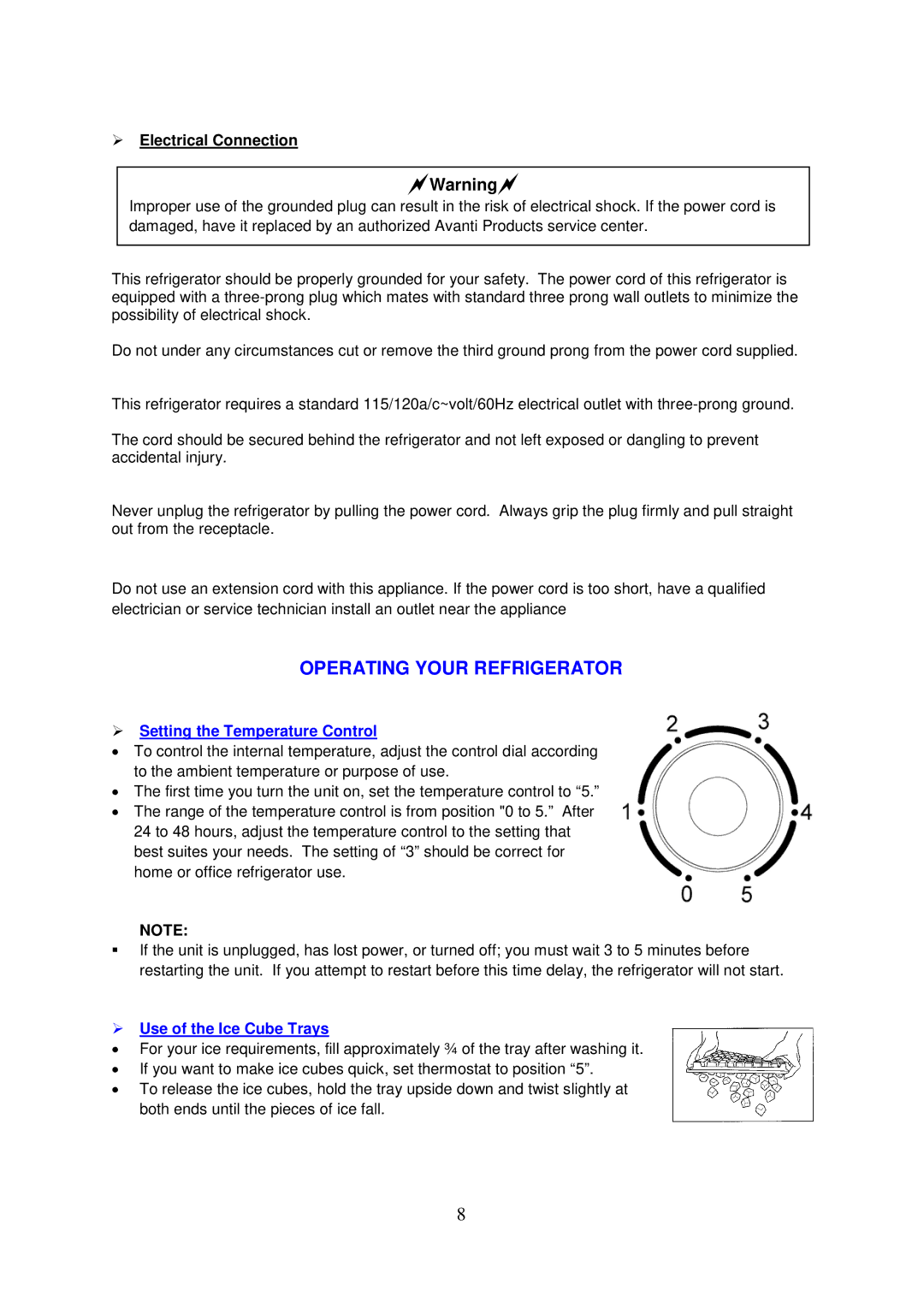 Avanti RM3251B-1, RM3250W-1 instruction manual Operating Your Refrigerator,  Electrical Connection 