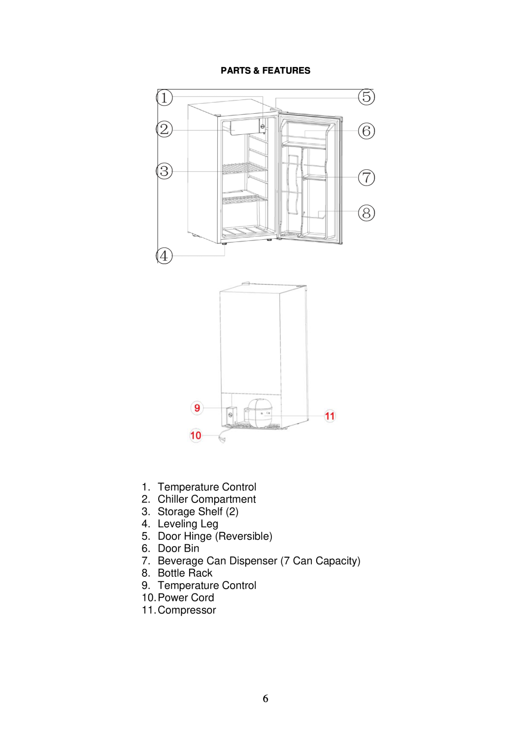 Avanti RM3251B-1 Temperature Control 2.Chiller Compartment, Storage Shelf 4.Leveling Leg, Door Hinge Reversible 6.Door Bin 