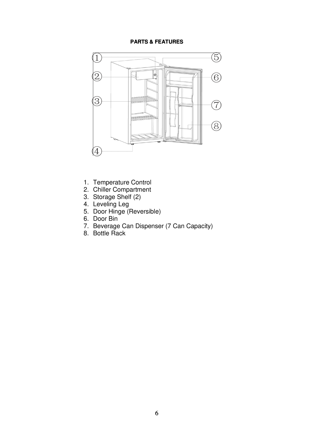 Avanti RM3251B Temperature Control 2.Chiller Compartment, Storage Shelf 4.Leveling Leg, Door Hinge Reversible 6.Door Bin 