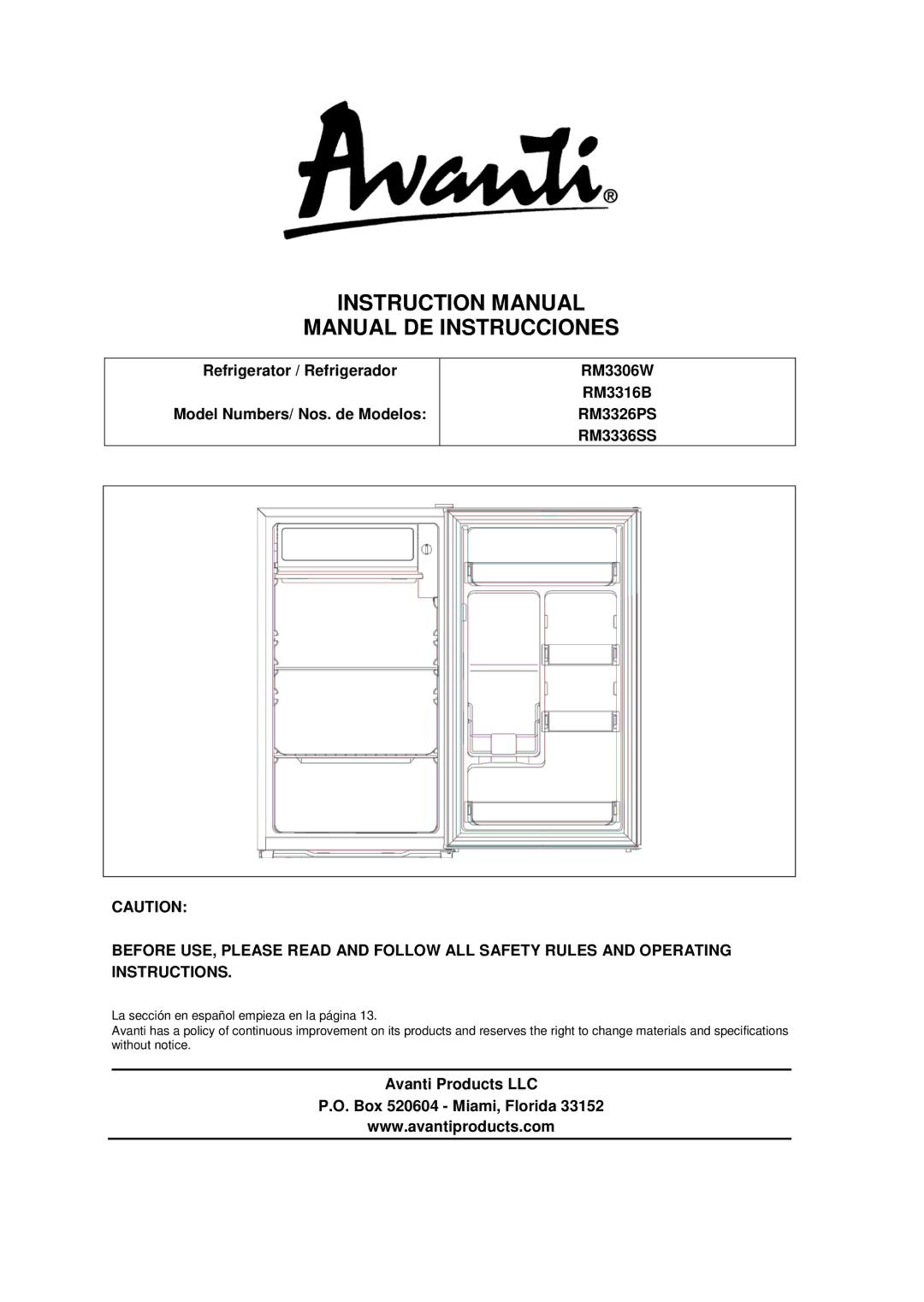 Avanti RM3326PS, RM3306W, RM3316B instruction manual Manual DE Instrucciones, Avanti Products LLC Box 520604 Miami, Florida 