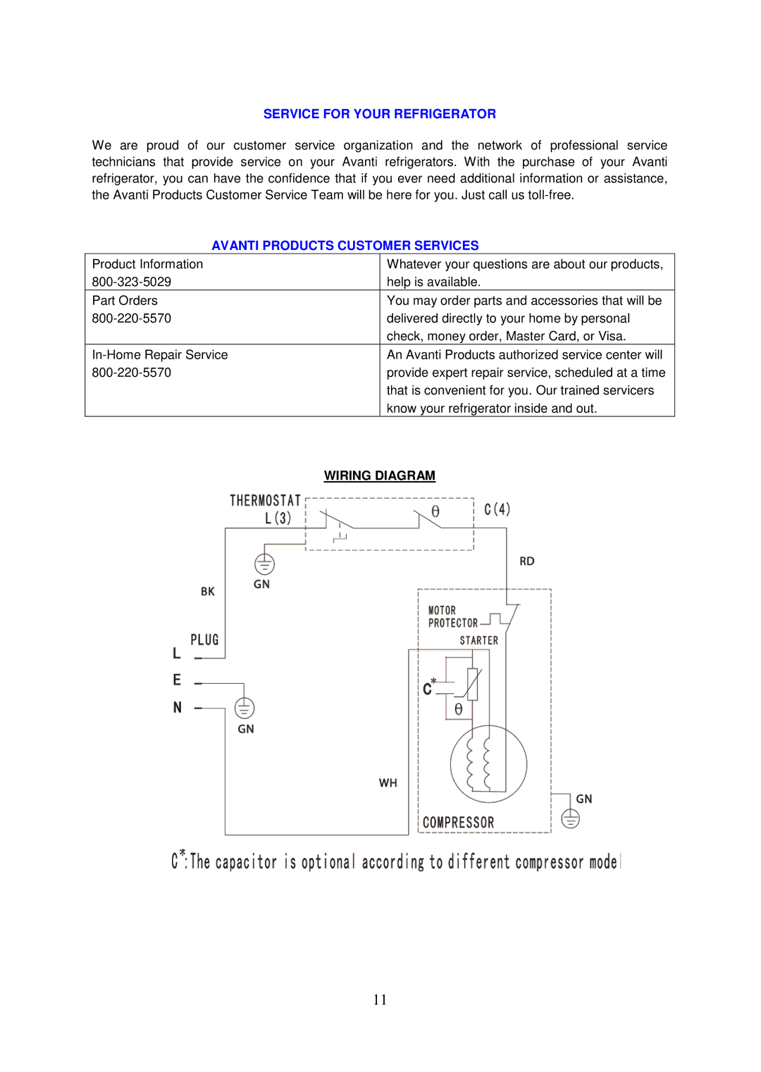 Avanti RM3336SS, RM3306W, RM3326PS, RM3316B Service for Your Refrigerator, Avanti Products Customer Services, Wiring Diagram 