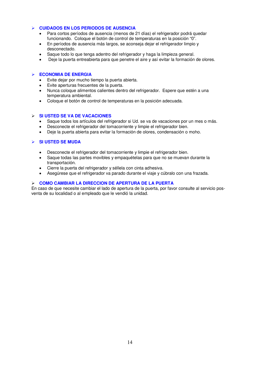 Avanti RM3316B, RM3306W  Cuidados EN LOS Periodos DE Ausencia,  Economia DE Energia,  SI Usted SE VA DE Vacaciones 