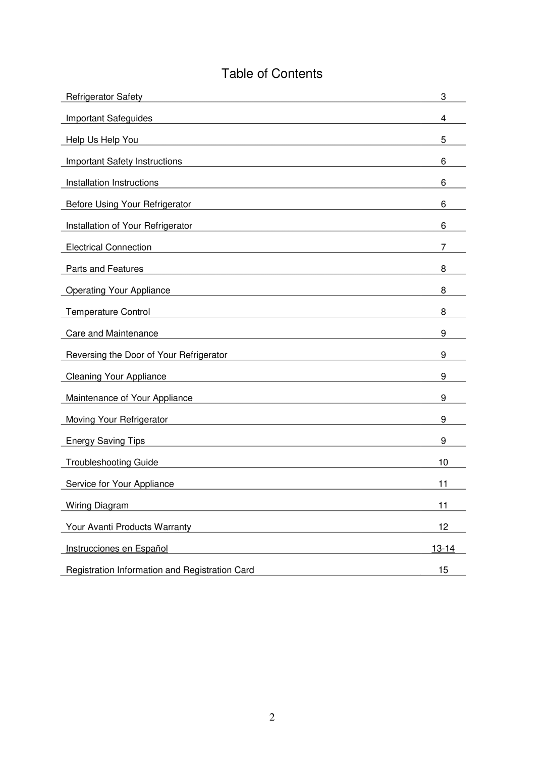 Avanti RM3316B, RM3306W, RM3326PS, RM3336SS instruction manual Table of Contents 