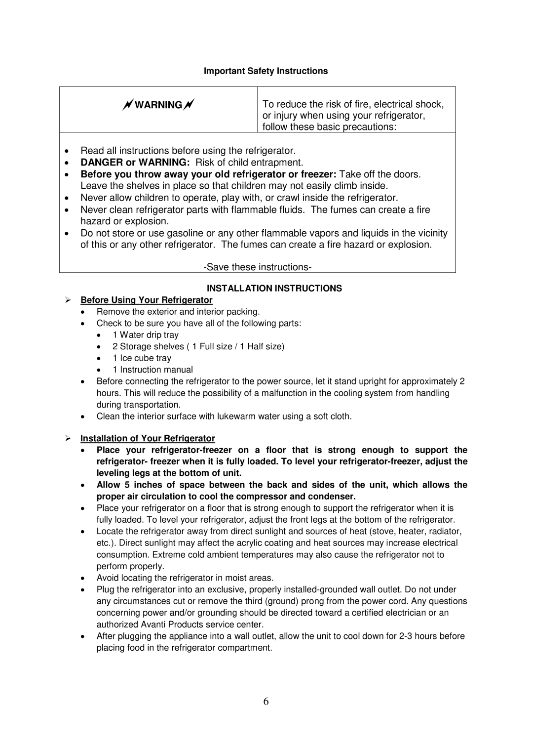 Avanti RM3316B, RM3306W Important Safety Instructions, Installation Instructions,  Before Using Your Refrigerator 