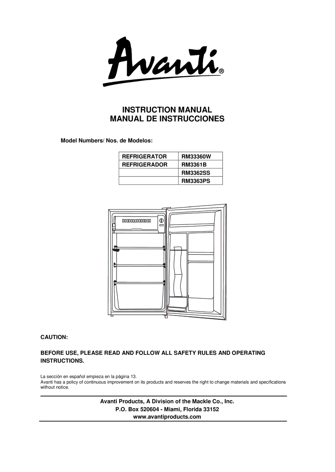 Avanti RM3362SS, RM3361B, RM3363PS, RM33360W instruction manual Refrigerator, Refrigerador 