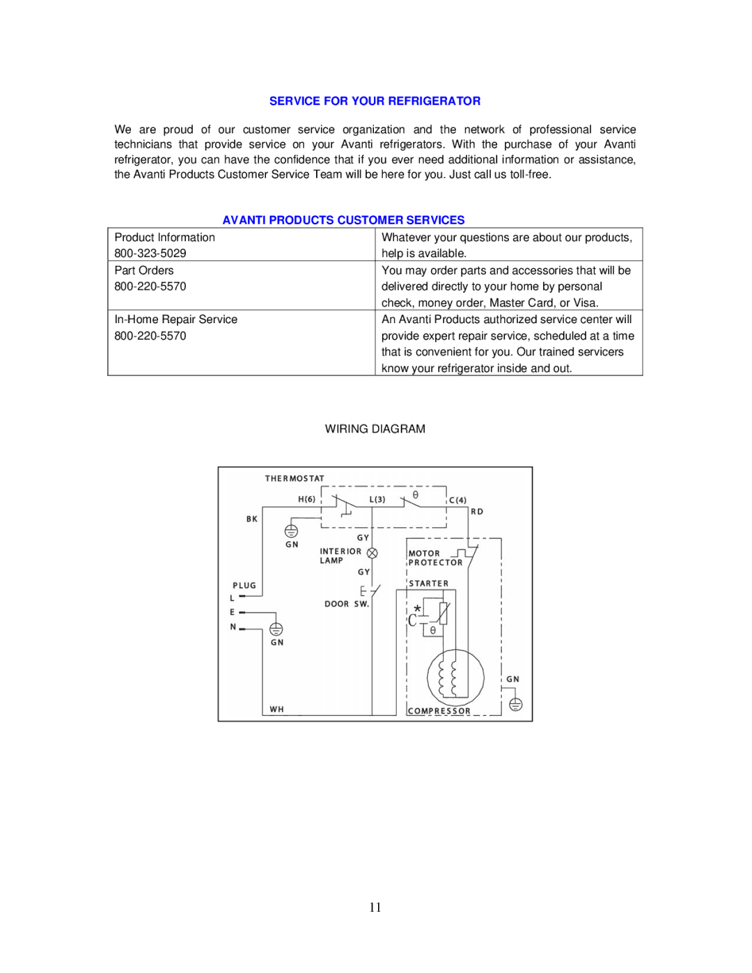 Avanti RM3421B, RM3423SS, RM3420W, RM3422PS Service for Your Refrigerator, Avanti Products Customer Services 