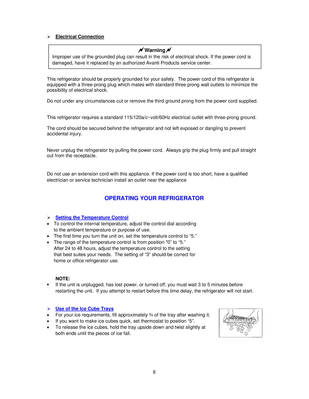 Avanti RM3423SS, RM3420W, RM3422PS, RM3421B instruction manual Operating Your Refrigerator,  Electrical Connection 