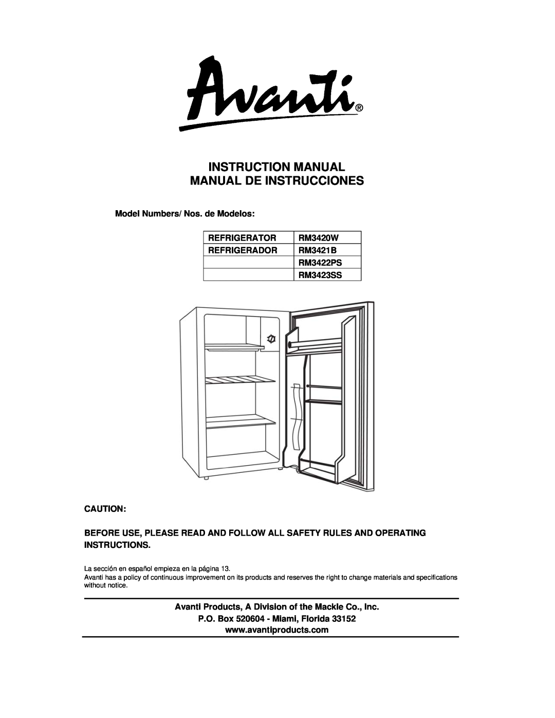 Avanti RM3420W instruction manual Model Numbers/ Nos. de Modelos, Refrigerator, Refrigerador, RM3421B, RM3422PS, RM3423SS 