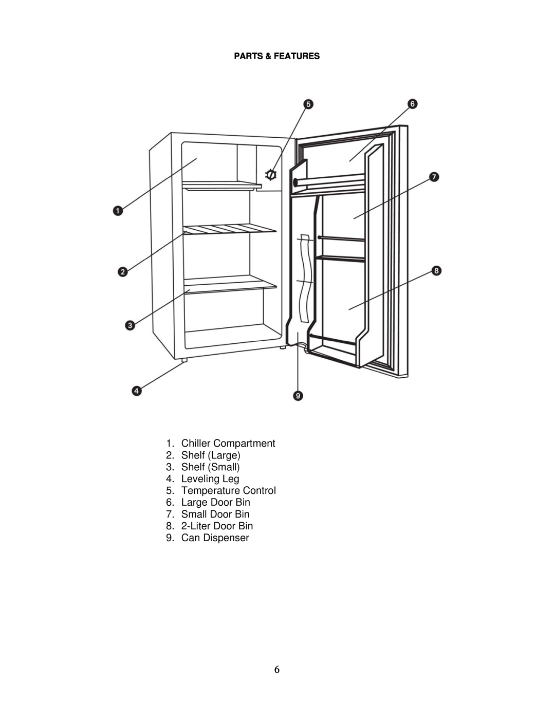 Avanti RM3422PS Chiller Compartment 2.Shelf Large 3.Shelf Small, Leveling Leg 5.Temperature Control, Parts & Features 
