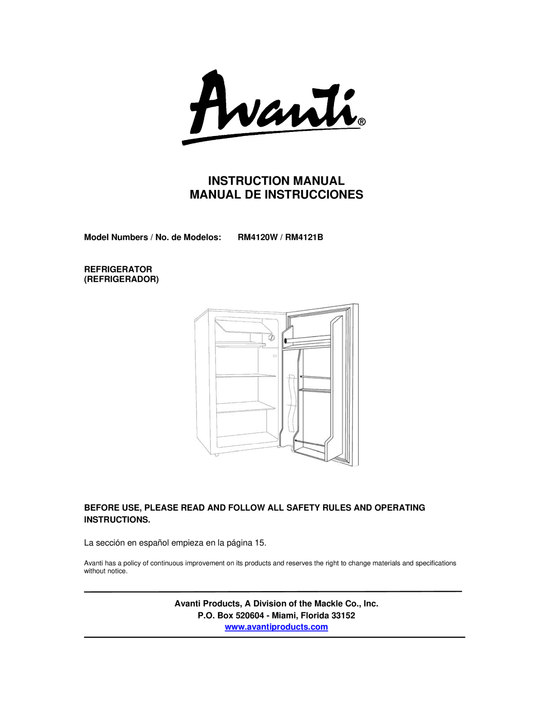 Avanti RM4120W, RM4121B instruction manual Manual DE Instrucciones 