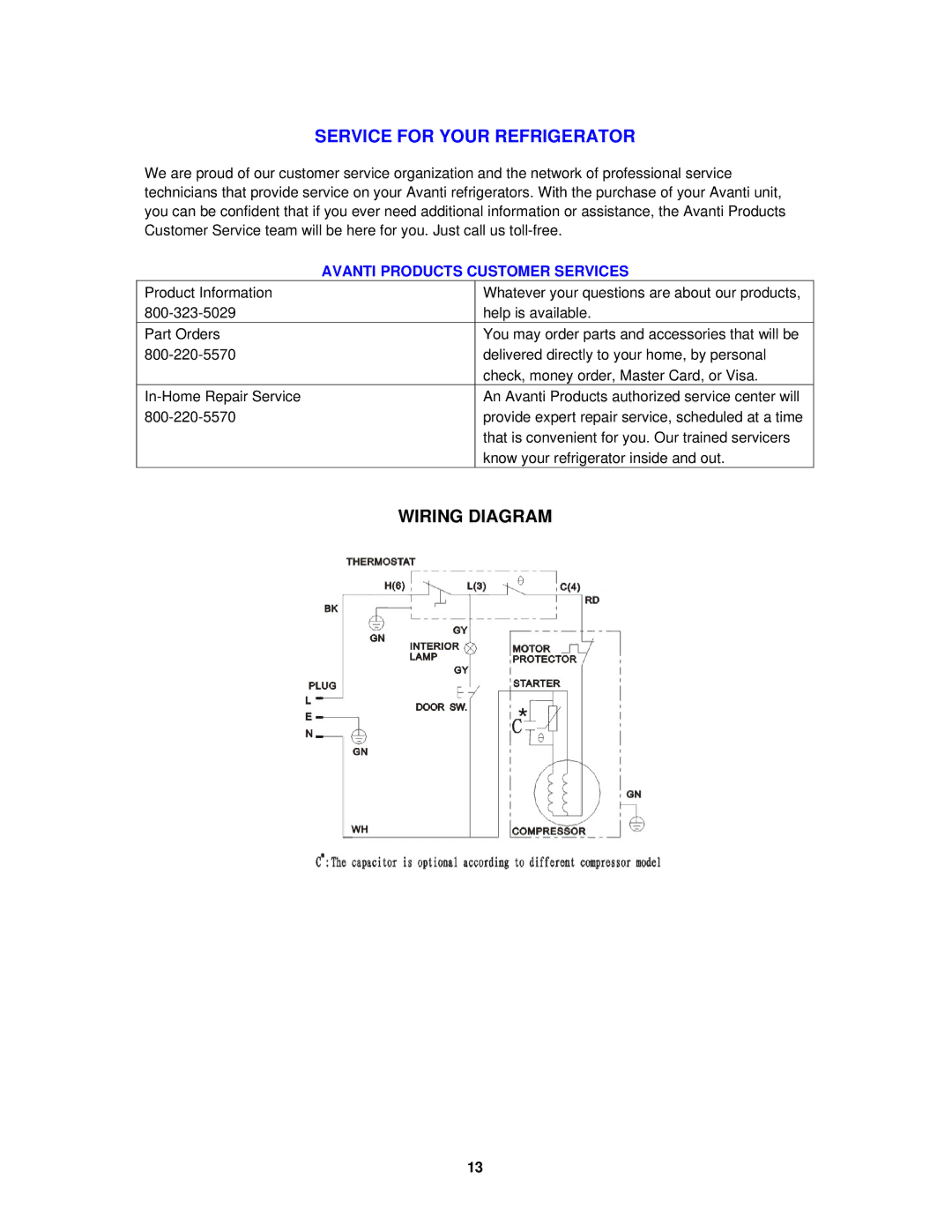 Avanti RM4120W, RM4121B instruction manual Service for Your Refrigerator, Wiring Diagram 