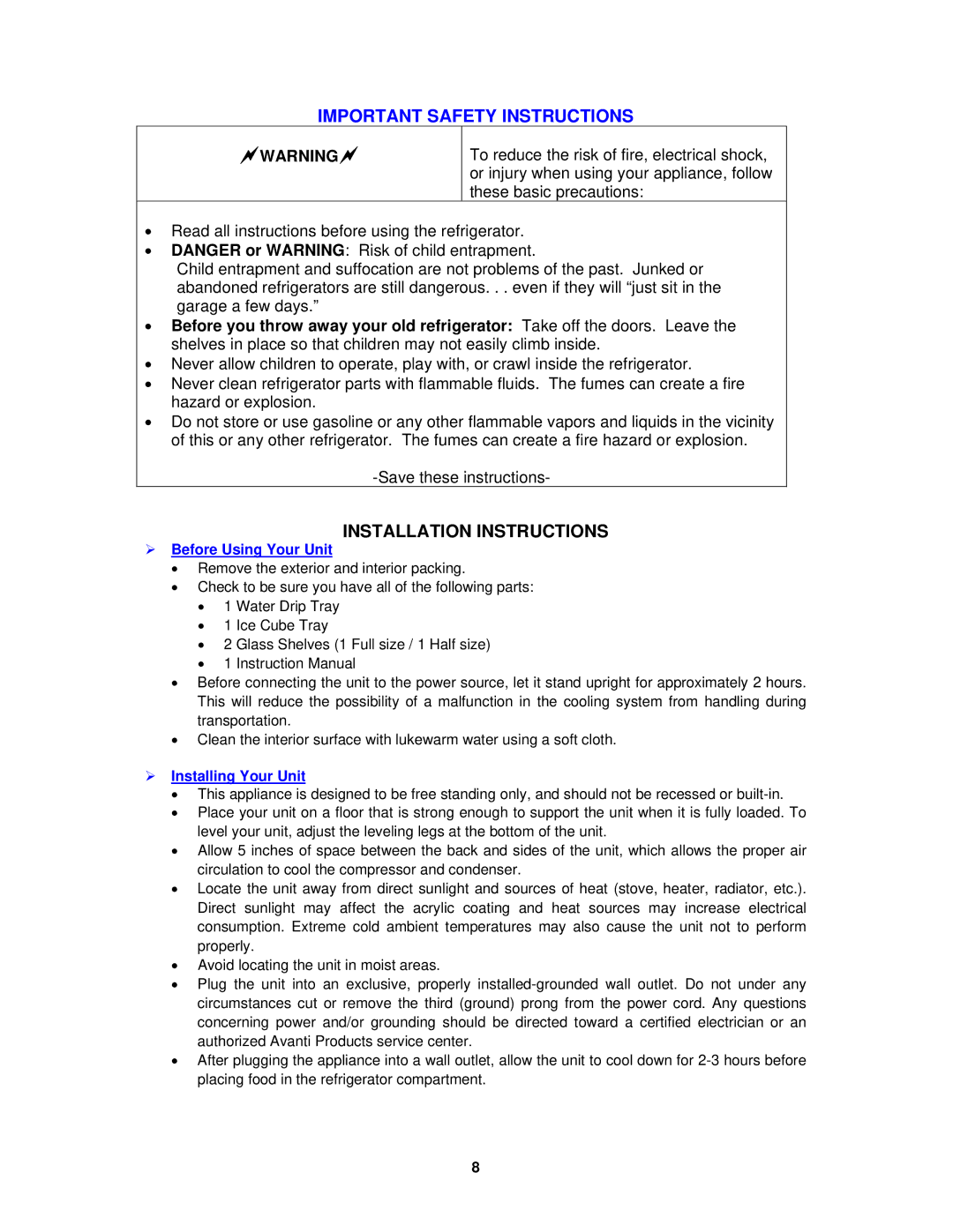 Avanti RM4121B Important Safety Instructions, Installation Instructions,  Before Using Your Unit,  Installing Your Unit 