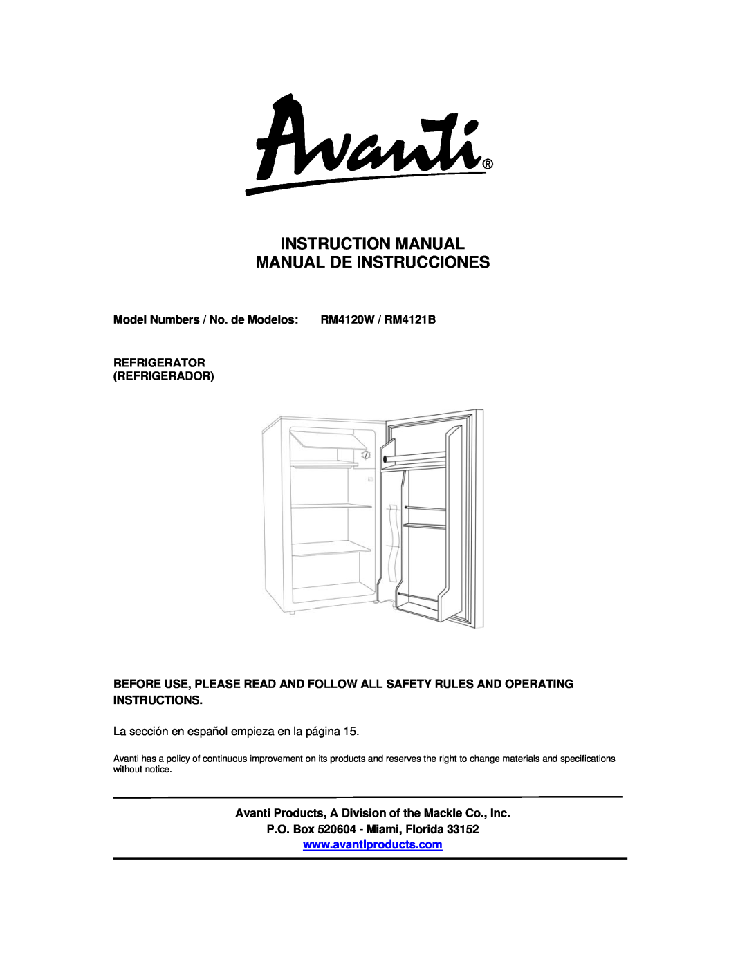 Avanti instruction manual Model Numbers / No. de Modelos RM4120W / RM4121B, Refrigerator Refrigerador 