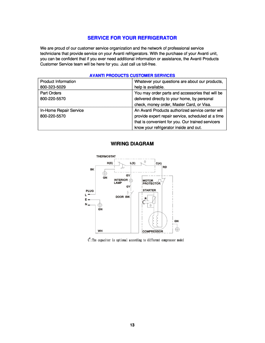 Avanti RM4120W, RM4121B instruction manual Service For Your Refrigerator, Wiring Diagram 