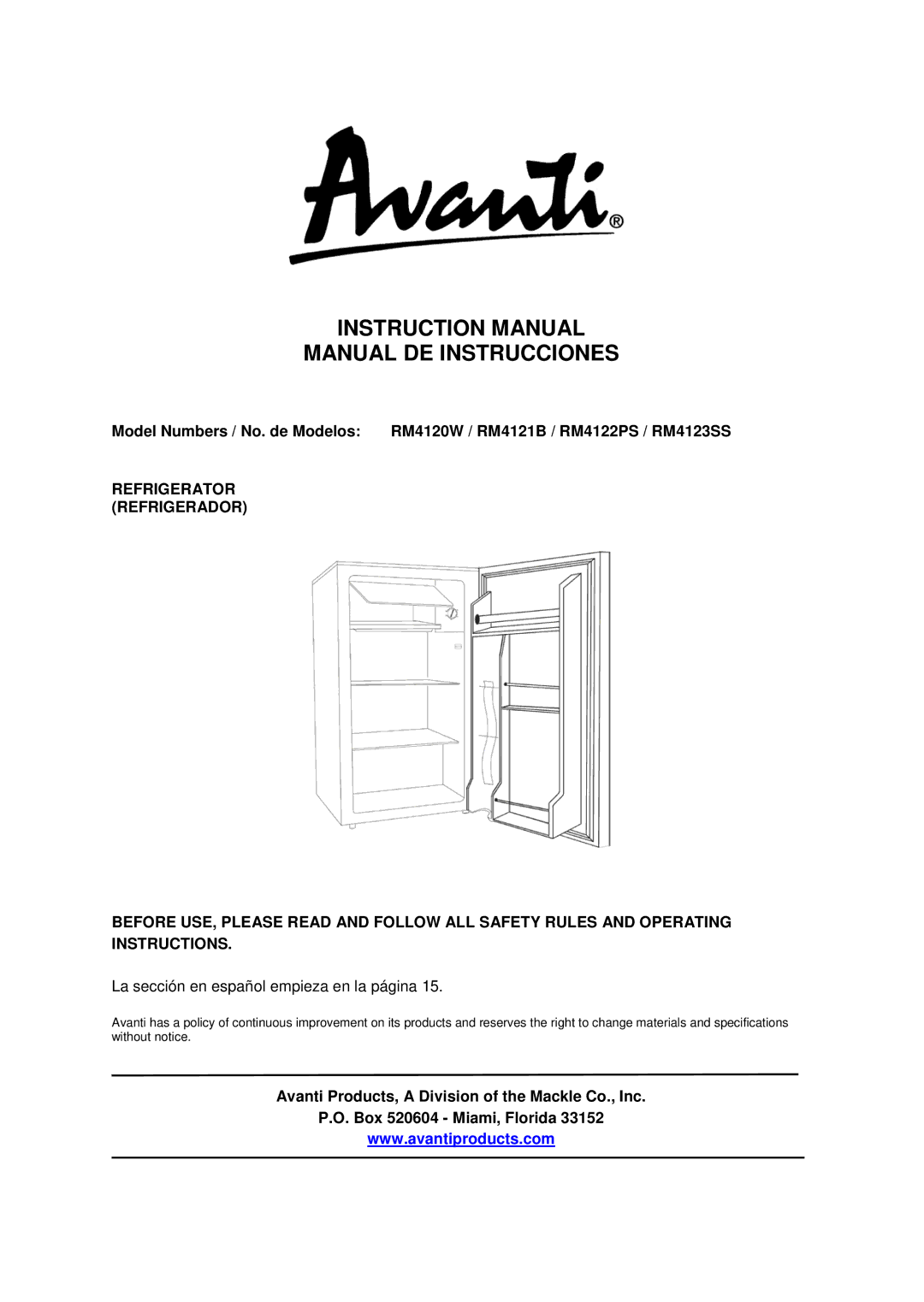 Avanti RM4122PS, RM4123SS instruction manual Manual DE Instrucciones 