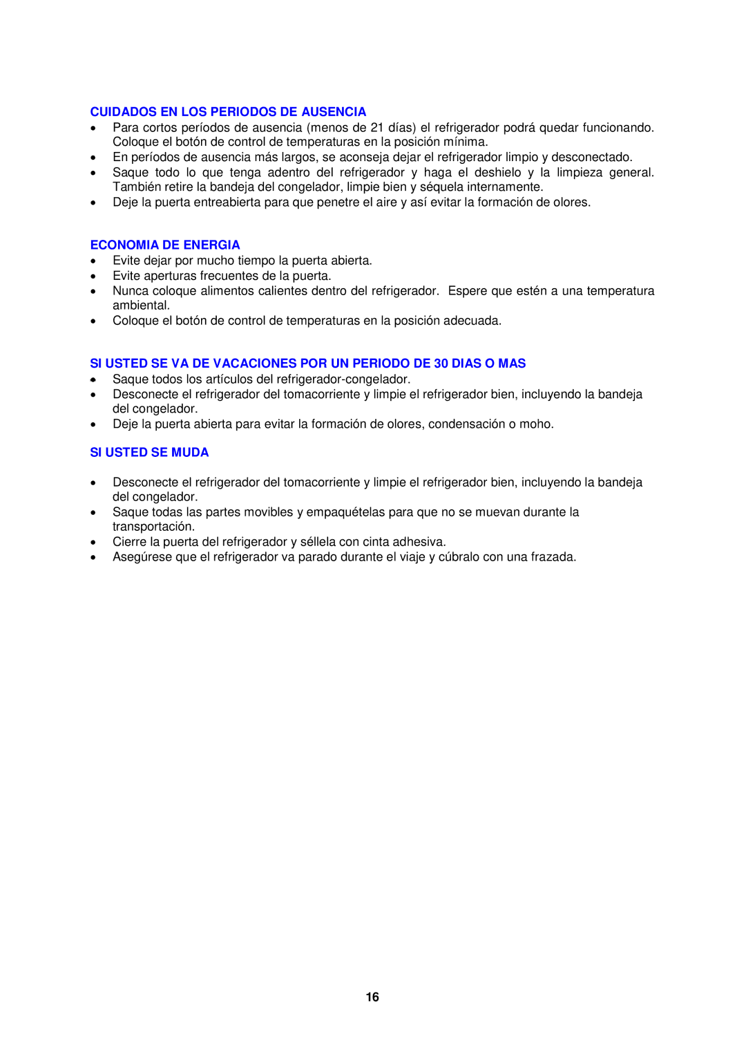 Avanti RM4123SS, RM4122PS instruction manual Cuidados EN LOS Periodos DE Ausencia, Economia DE Energia, SI Usted SE Muda 