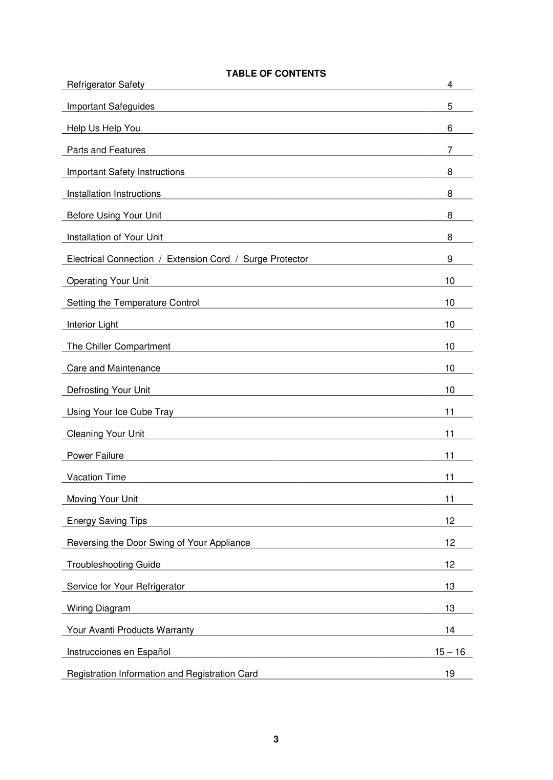 Avanti RM4122PS, RM4123SS instruction manual Table of Contents 