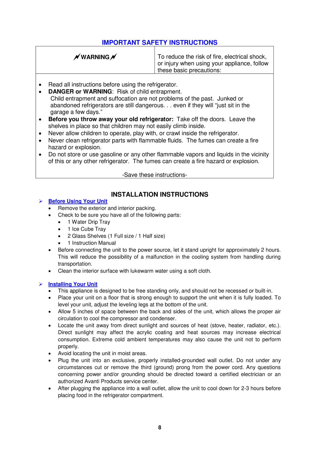 Avanti RM4123SS Important Safety Instructions, Installation Instructions,  Before Using Your Unit,  Installing Your Unit 