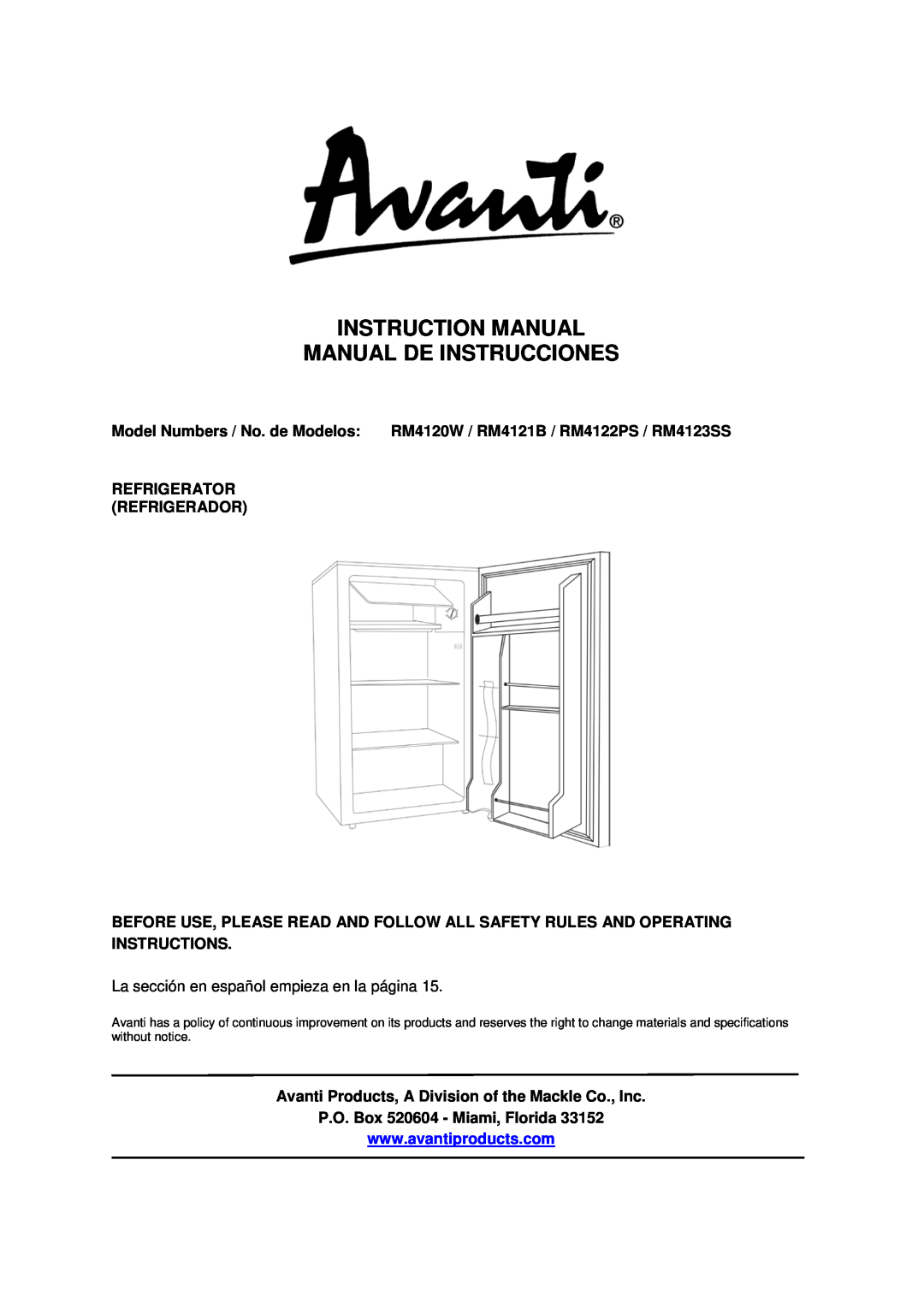 Avanti RM4122PS, RM4123SS instruction manual Refrigerator Refrigerador, P.O. Box 520604 - Miami, Florida 