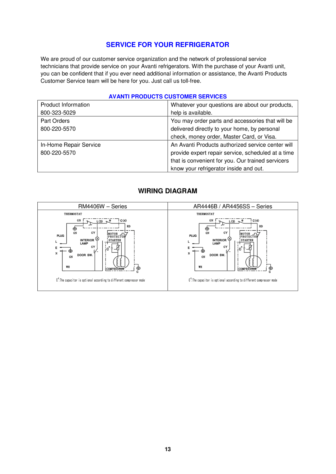 Avanti RM4406W, RM4416, RM4426PS, RM4436SS Service for Your Refrigerator, Wiring Diagram, Avanti Products Customer Services 