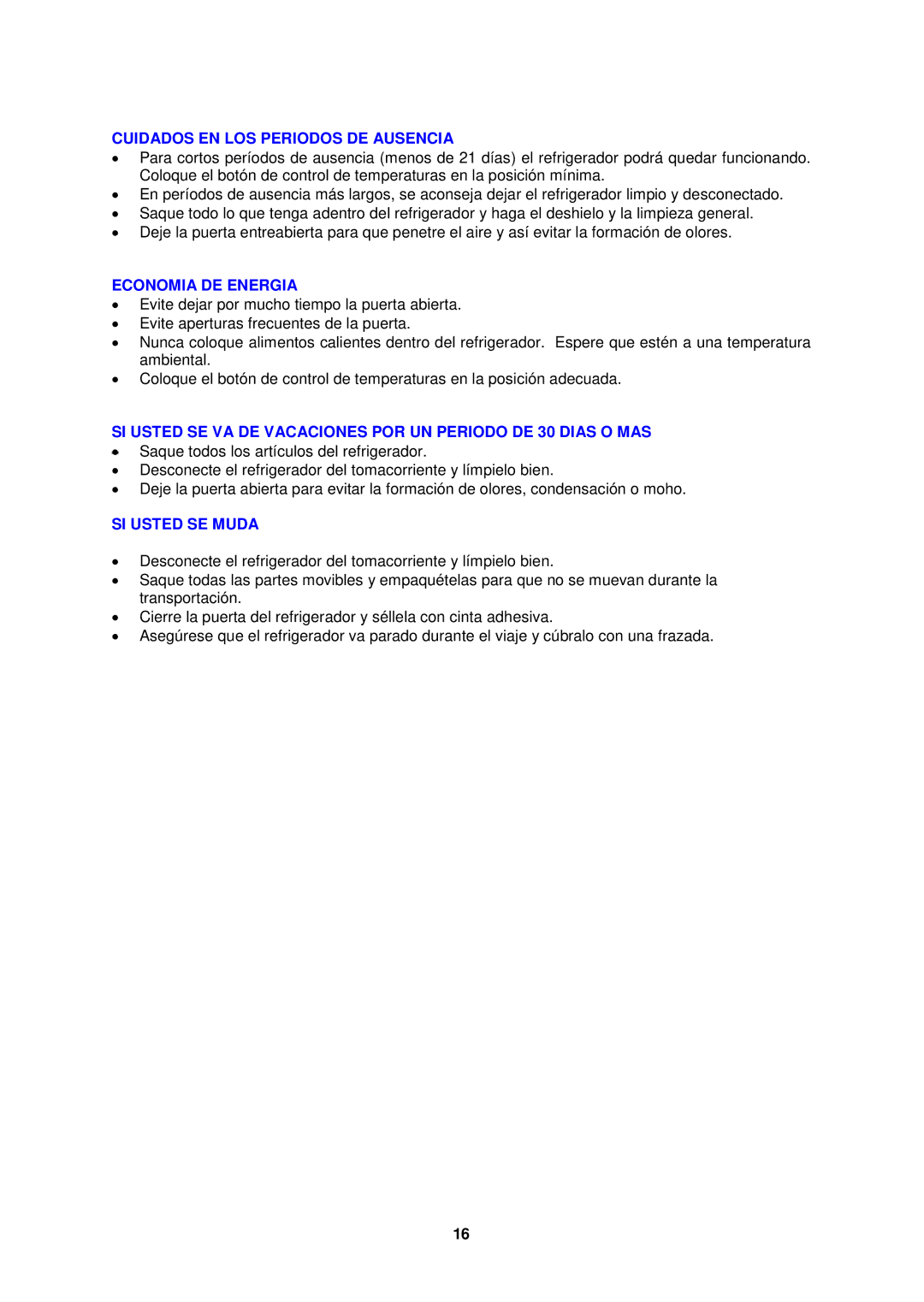 Avanti AR4446B, RM4416, RM4406W, RM4426PS Cuidados EN LOS Periodos DE Ausencia, Economia DE Energia, SI Usted SE Muda 