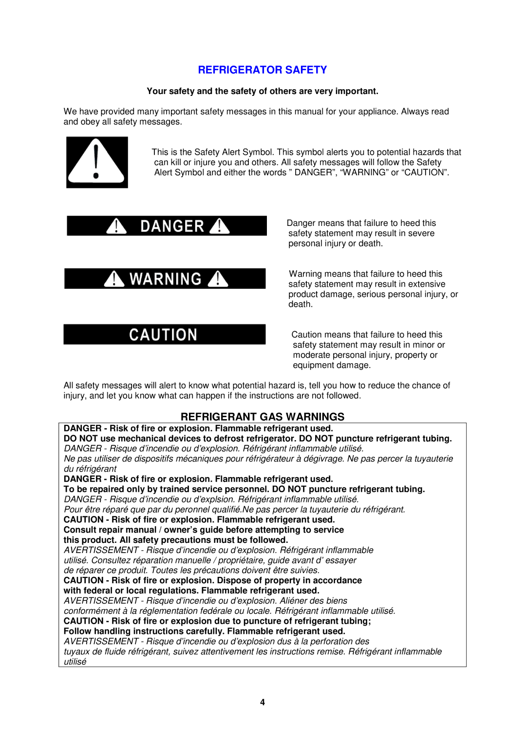 Avanti AR4446B, RM4416, RM4406W, RM4426PS, RM4436SS, AR4456SS instruction manual Refrigerator Safety, Refrigerant GAS Warnings 