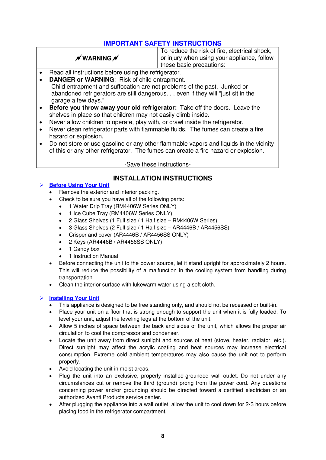 Avanti RM4426PS Important Safety Instructions, Installation Instructions,  Before Using Your Unit,  Installing Your Unit 