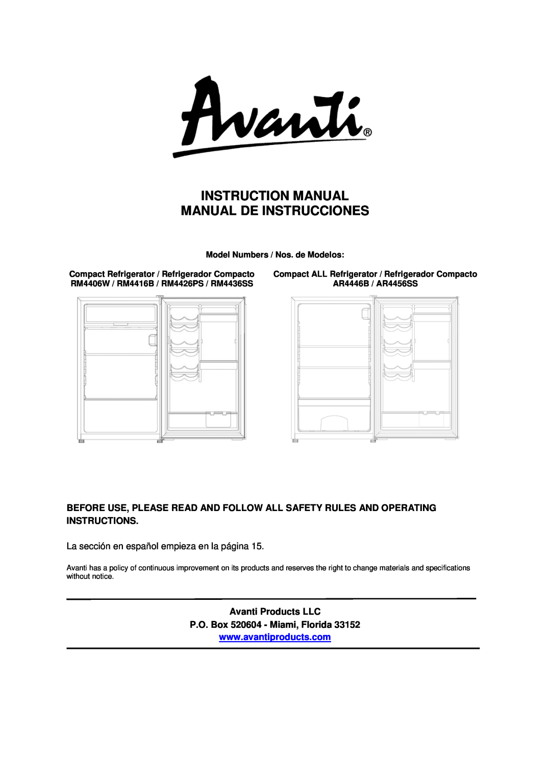 Avanti RM4406W instruction manual Avanti Products LLC, P.O. Box 520604 - Miami, Florida, Model Numbers / Nos. de Modelos 