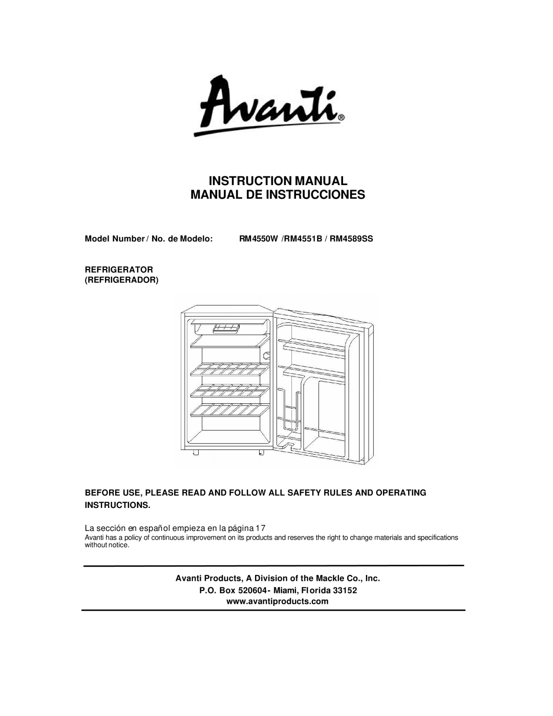 Avanti instruction manual Manual DE Instrucciones, Model Number / No. de Modelo RM4550W /RM4551B / RM4589SS 