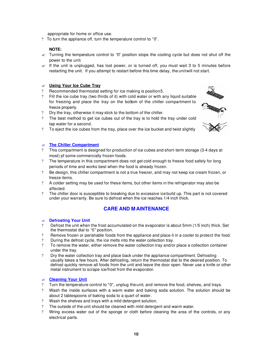Avanti RM4550W Care and M Aintenance, ? Using Your Ice Cube Tray, ? The Chiller Compartment, ? Defrosting Your Unit 