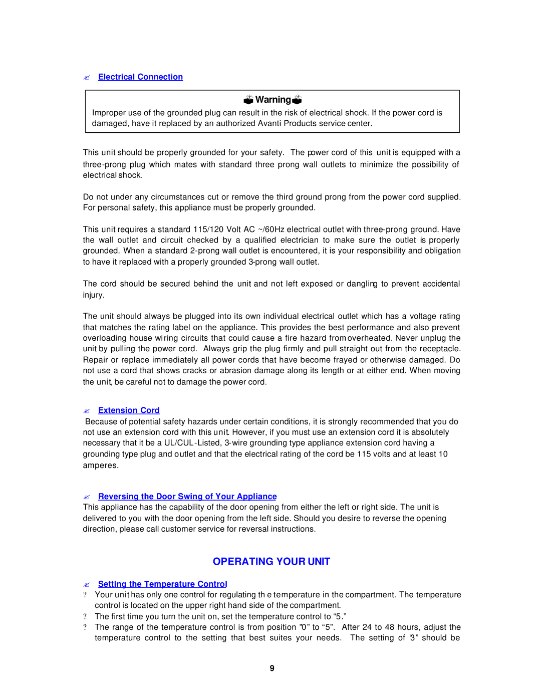 Avanti RM4550W Operating Your Unit, ? Electrical Connection, ? Extension Cord, ? Setting the Temperature Control 