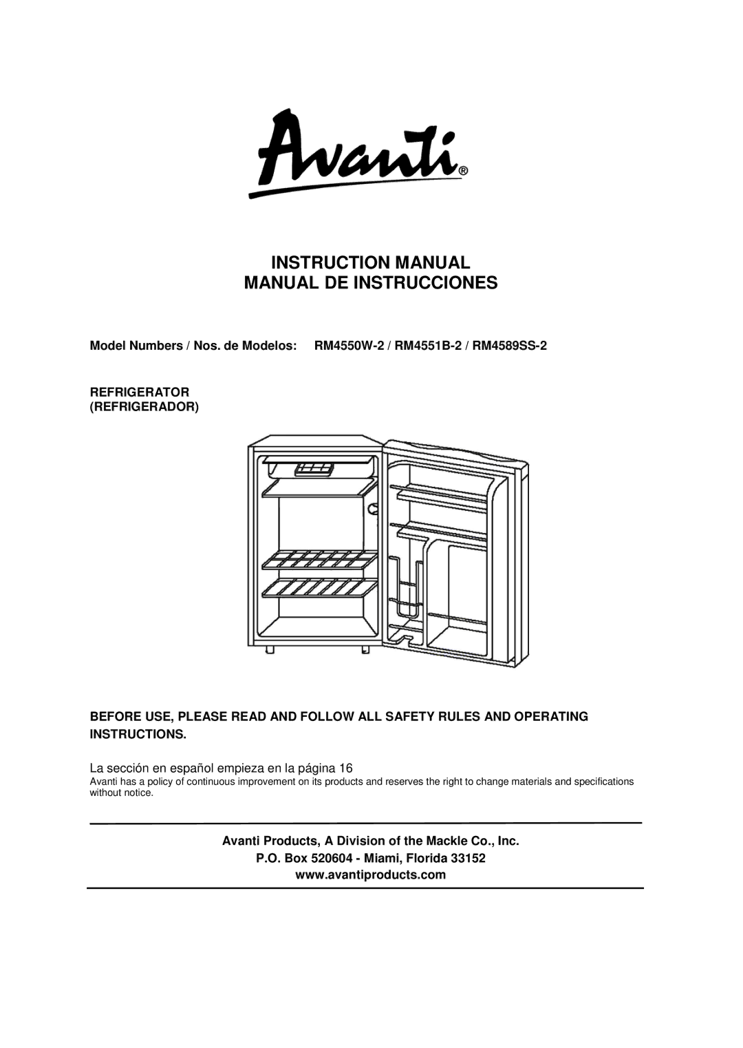 Avanti RM4550W-2, RM4551B-2 instruction manual Manual DE Instrucciones 