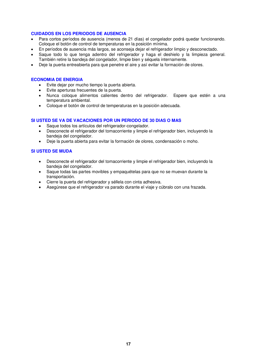 Avanti RM4550W-2, RM4551B-2 instruction manual Cuidados EN LOS Periodos DE Ausencia, Economia DE Energia, SI Usted SE Muda 