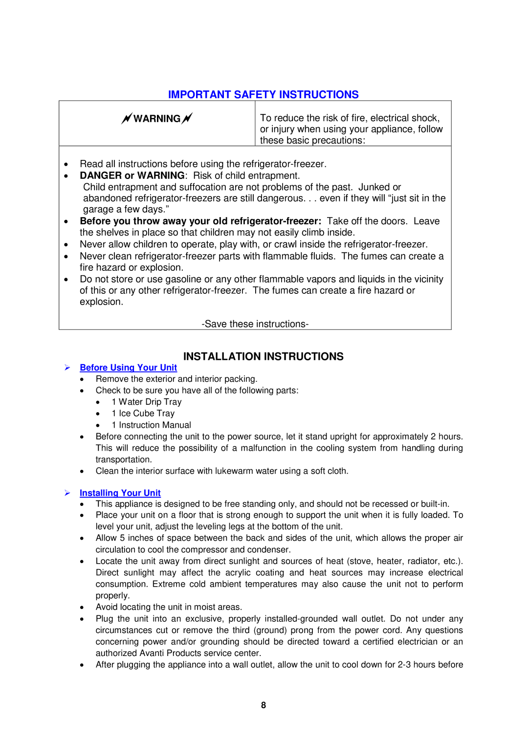 Avanti RM4551B-2, RM4550W-2 Important Safety Instructions, Installation Instructions,  Before Using Your Unit 