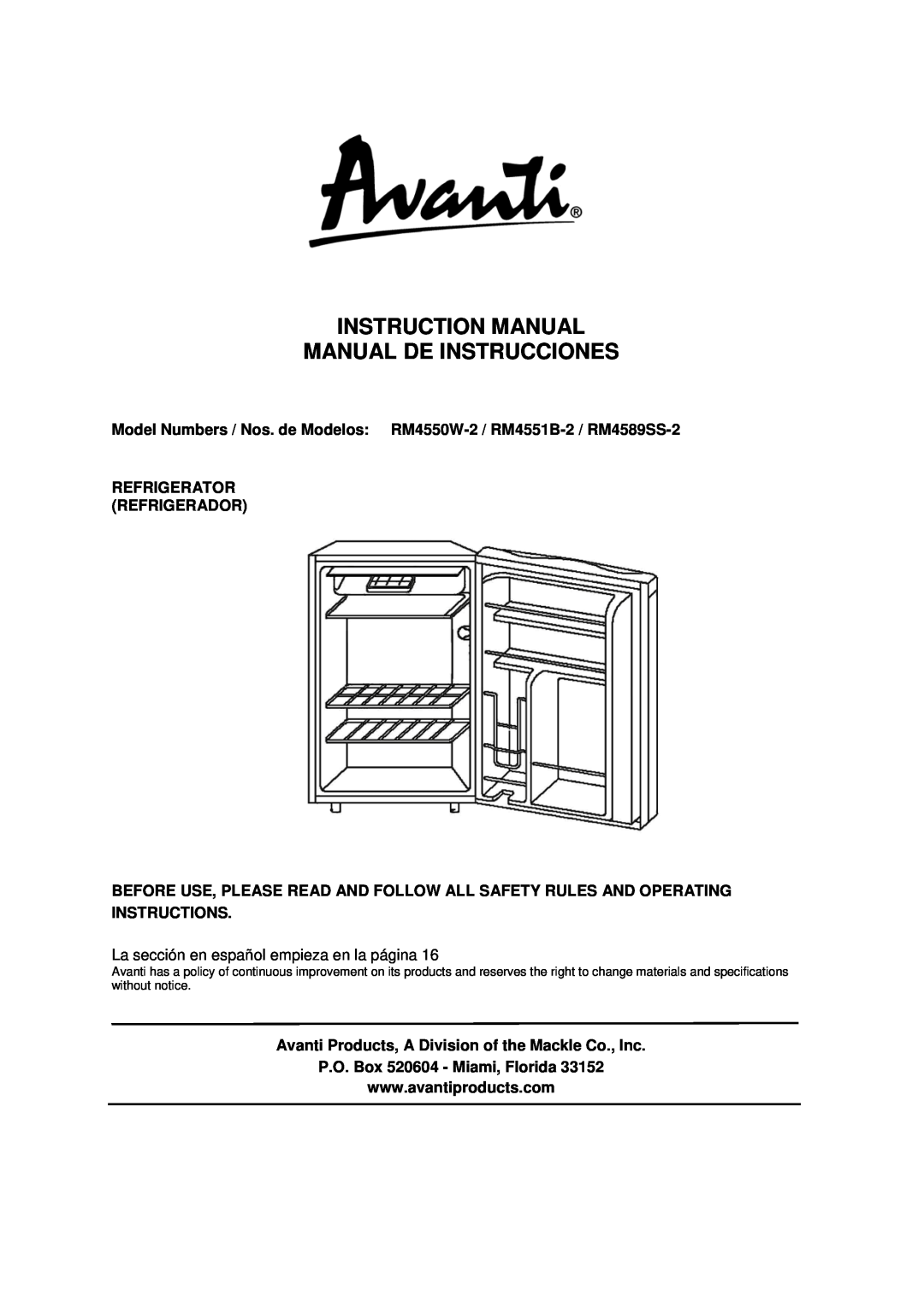 Avanti RM4550W-2, RM4551B-2 instruction manual Refrigerator Refrigerador, P.O. Box 520604 - Miami, Florida 