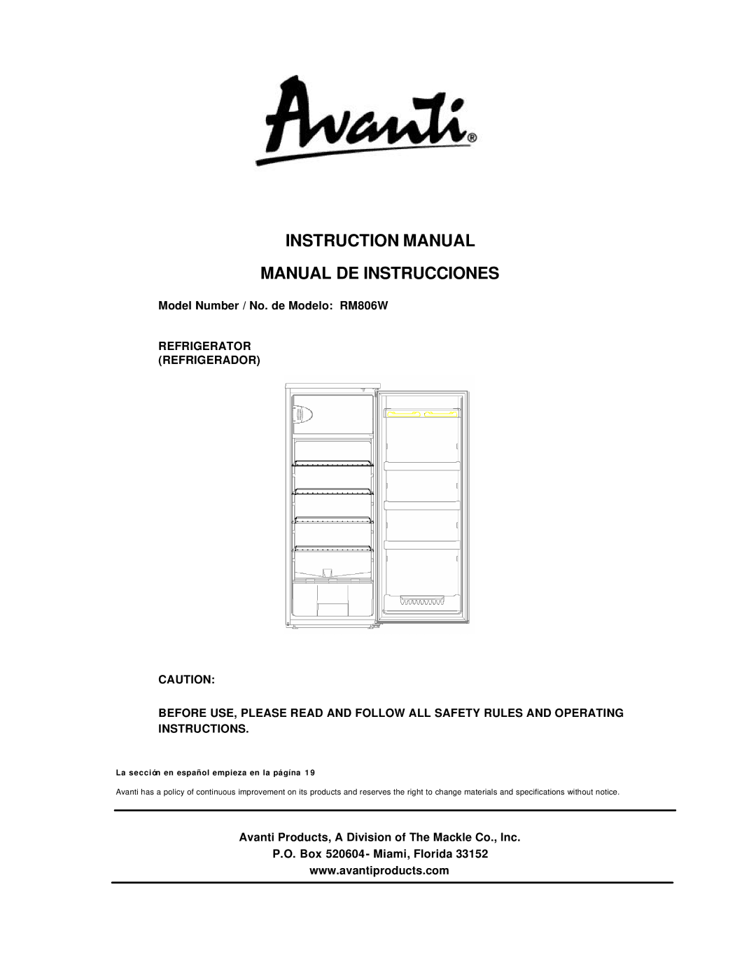 Avanti instruction manual Manual DE Instrucciones, Model Number / No. de Modelo RM806W 