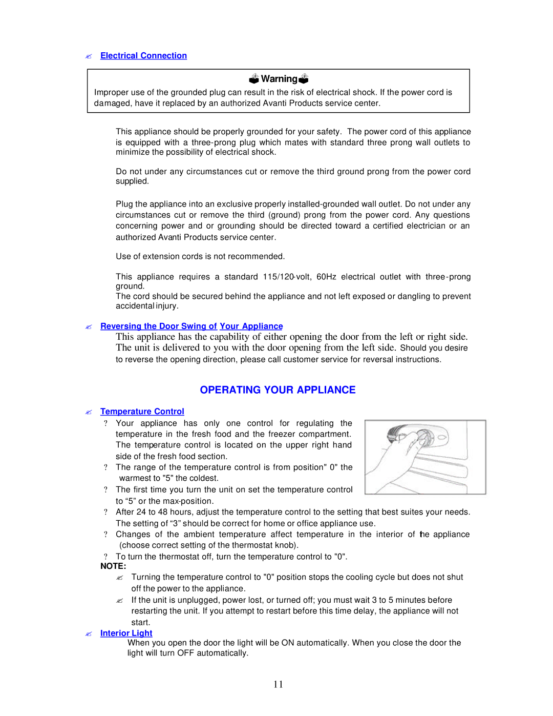 Avanti RM806W Operating Your Appliance, ? Electrical Connection, ? Reversing the Door Swing of Your Appliance 