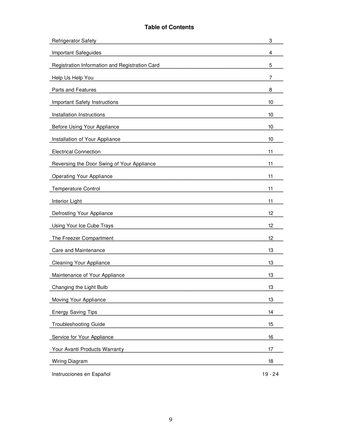 Avanti RM806W instruction manual Table of Contents 