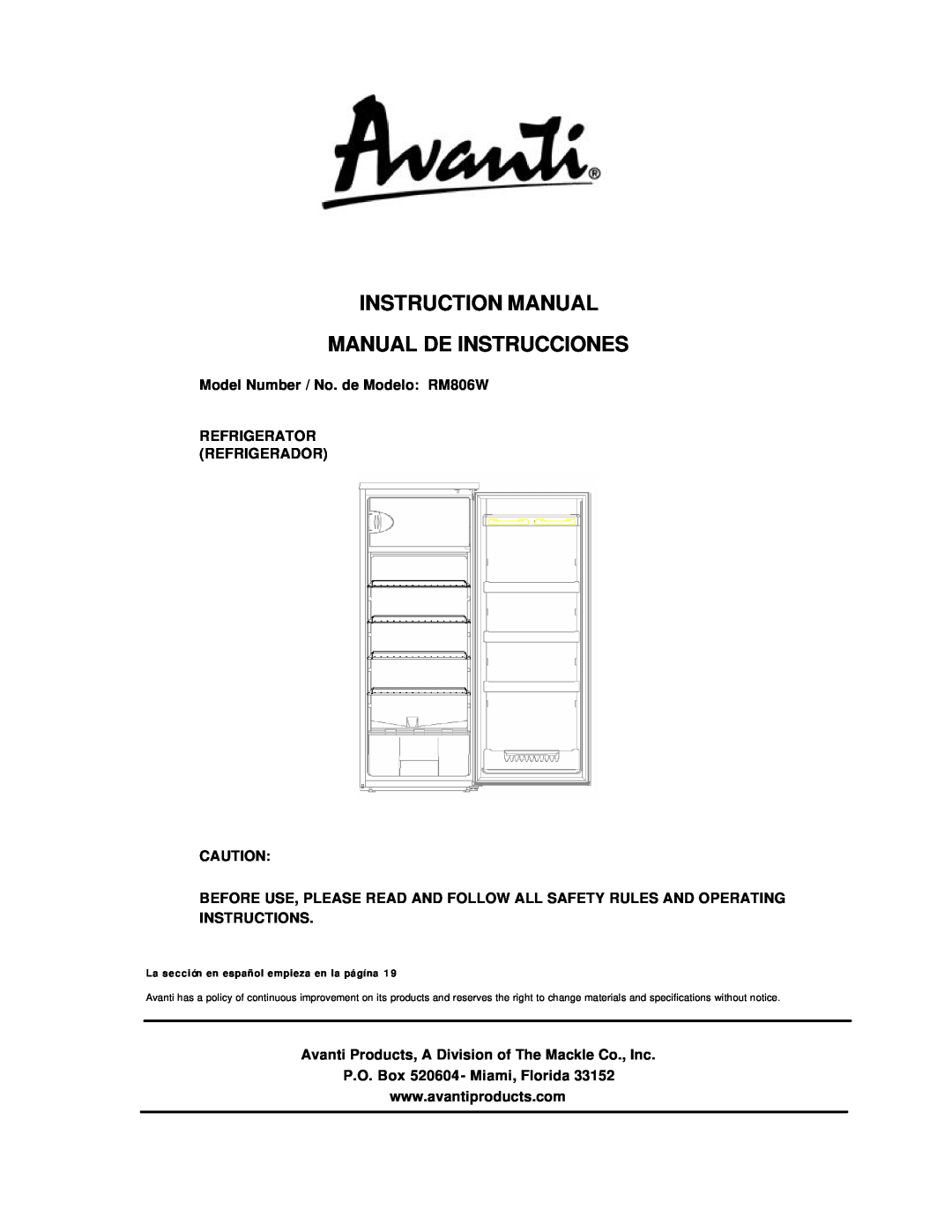Avanti instruction manual Model Number / No. de Modelo: RM806W, Refrigerator Refrigerador 