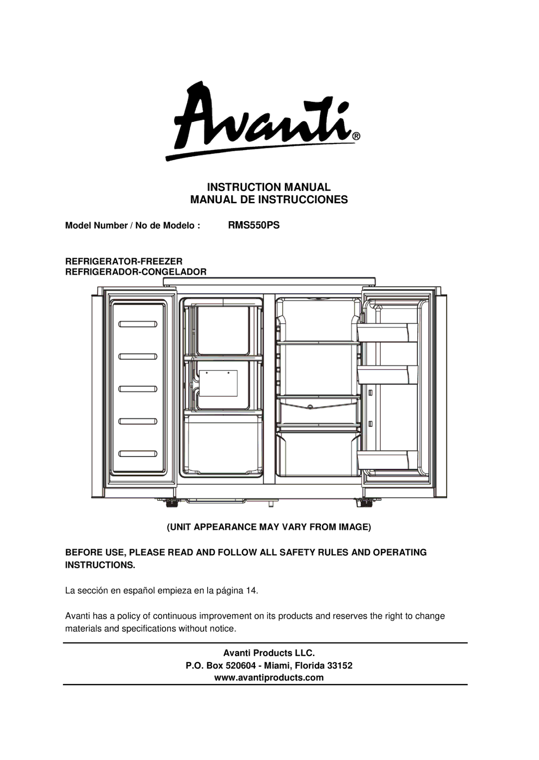 Avanti RMS550PS instruction manual Manual DE Instrucciones, Model Number / No de Modelo 