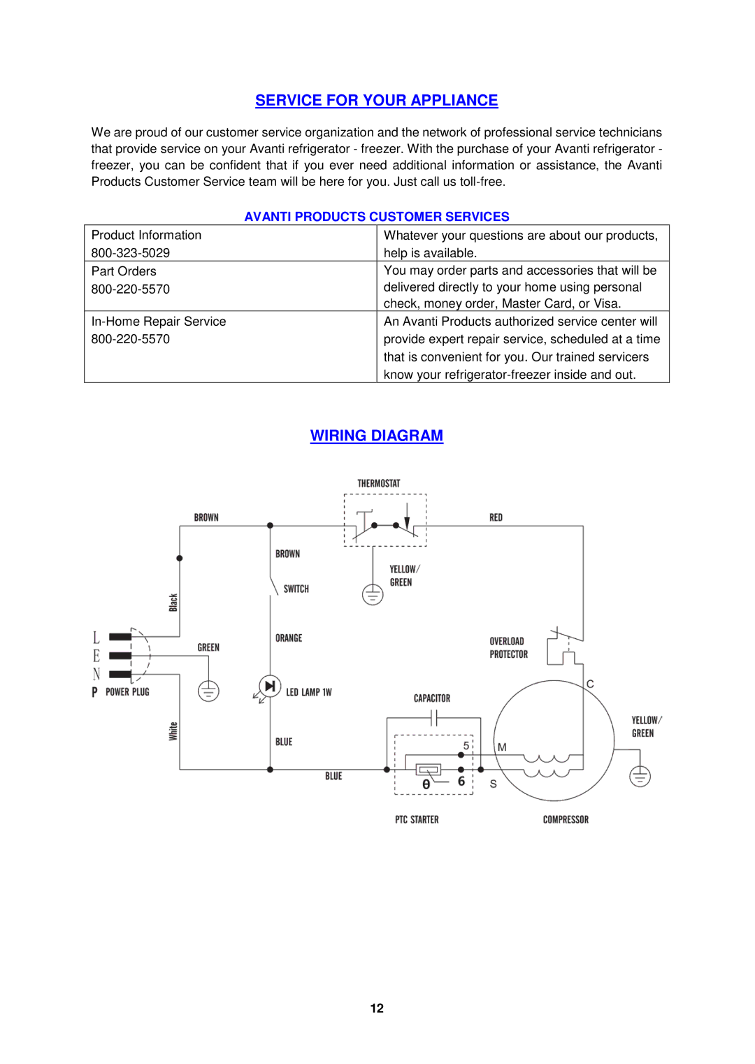 Avanti RMS550PS instruction manual Service for Your Appliance, Wiring Diagram, Avanti Products Customer Services 