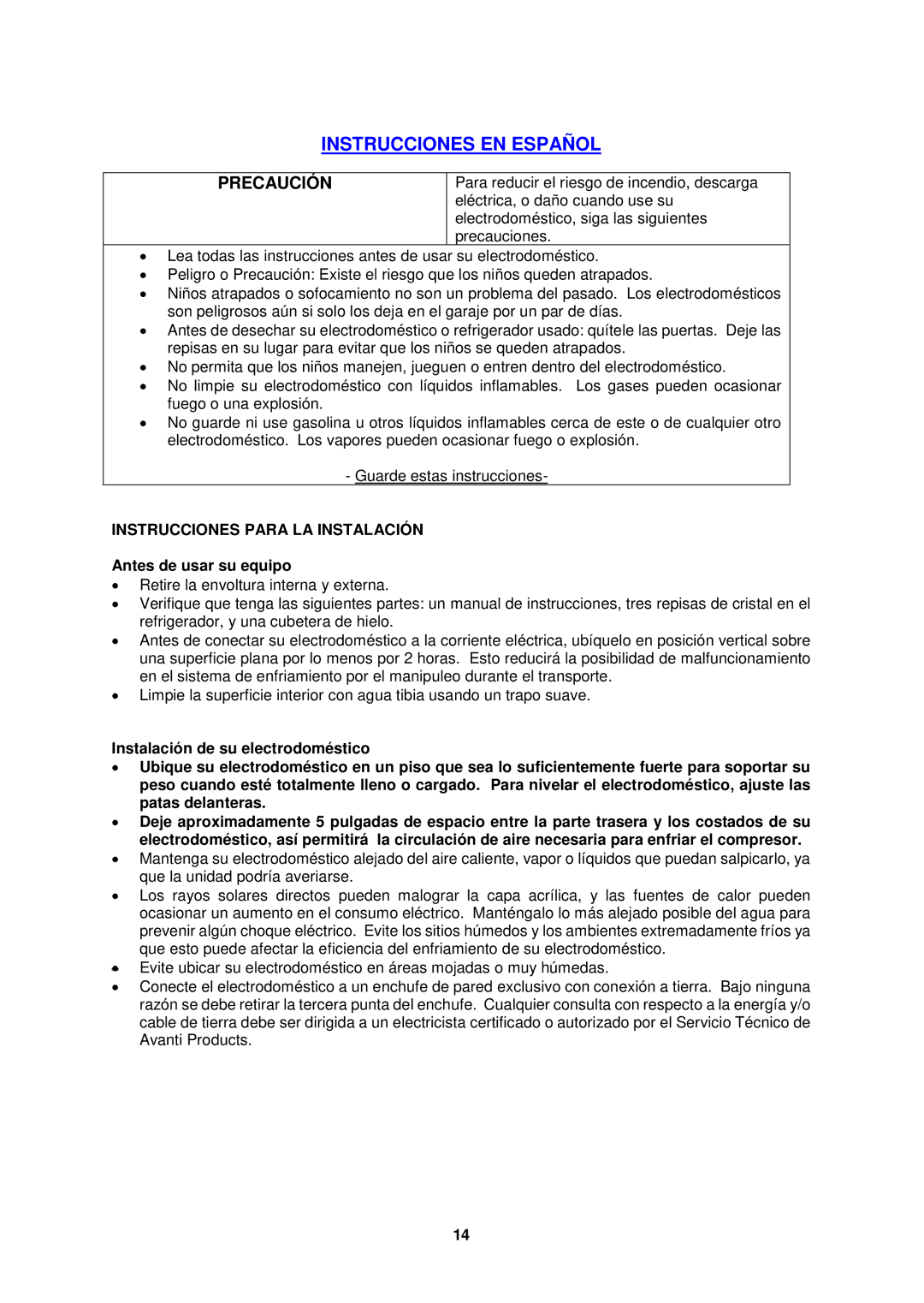 Avanti RMS550PS instruction manual Instrucciones EN Español, Instrucciones Para LA Instalación, Antes de usar su equipo 