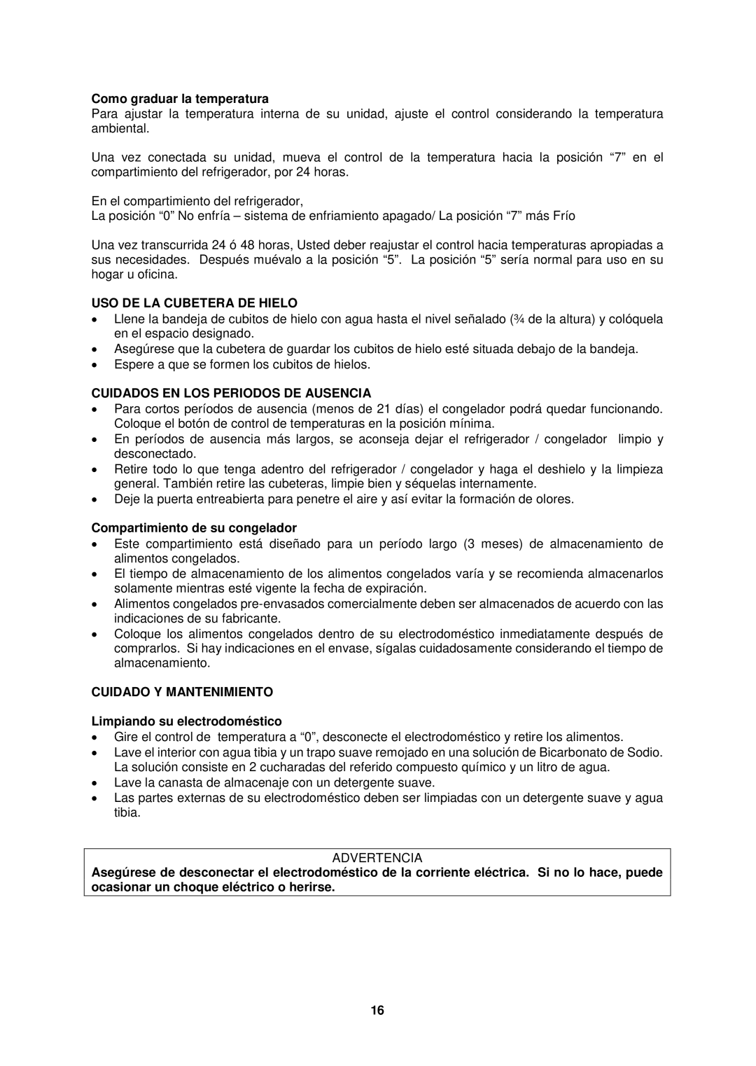 Avanti RMS550PS USO DE LA Cubetera DE Hielo, Cuidados EN LOS Periodos DE Ausencia, Cuidado Y Mantenimiento 