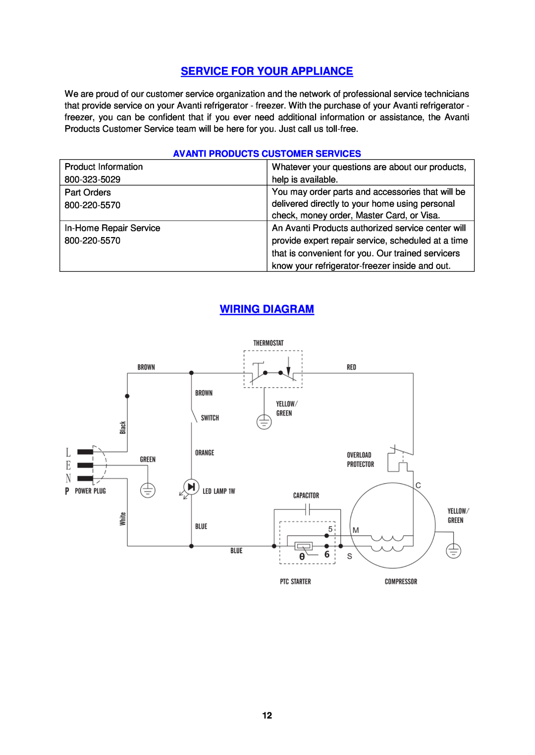 Avanti RMS550PS instruction manual Service For Your Appliance, Wiring Diagram, Avanti Products Customer Services 